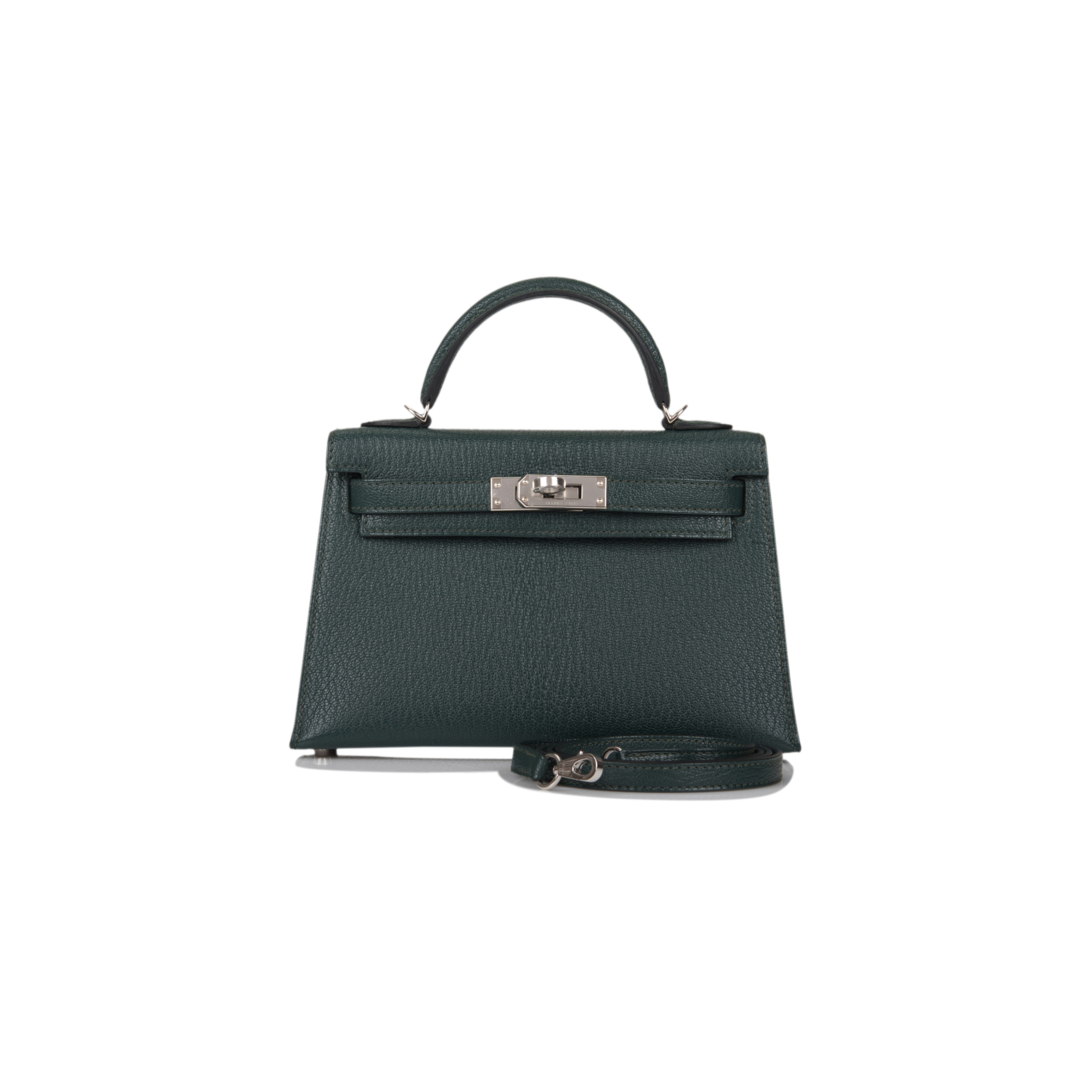 HERMÈS MASTER SELLIER KELLY II CHEVRE LEATHER TITAN GREEN WITH NORTHERN BLUE INSIDE (19*12*5.5cm) 